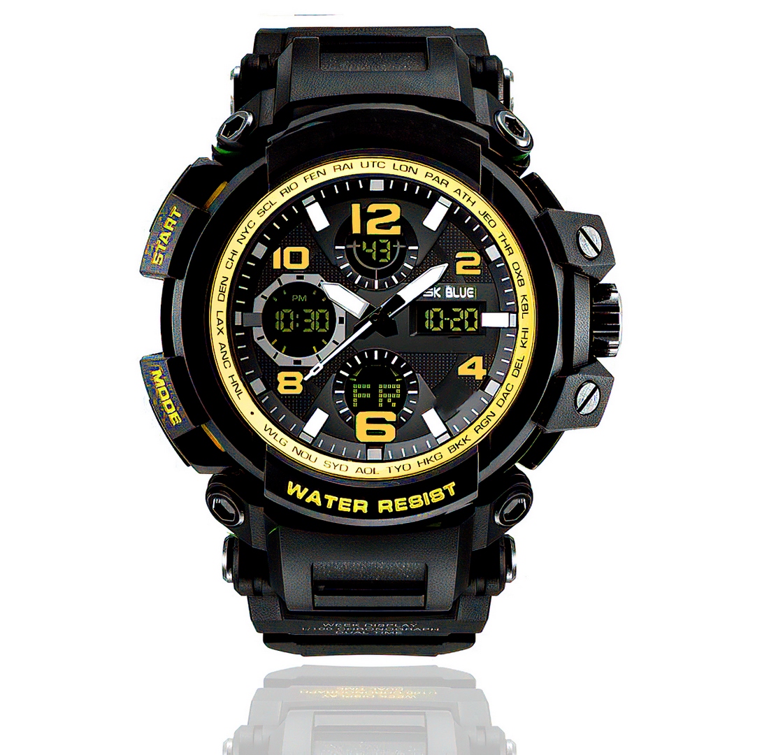 Reloj Hombre Digital Shock Led Hora Doble + Estuche Amarillo 